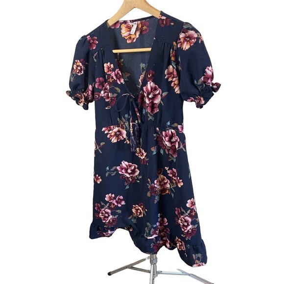 Xhilaration Navy Floral V Neck Faux Wrap Ruffle Hem Knee Length Dress Sz XS - Picture 3 of 11
